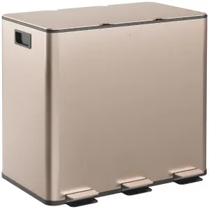 HOMCOM 3 x 15L Triple Kitchen Bin Pedal Bin for Recycling and Waste, Gold Tone