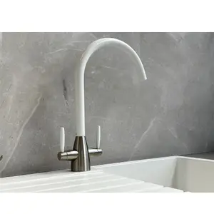 Liquida LB01WH Swan Neck Twin Lever Brushed Steel and White Kitchen Tap