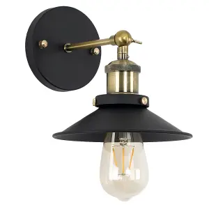 ValueLights Colonial Industrial Style Black and Antique Brass Single Wall Light with Shade