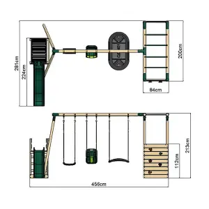 Rebo Wooden Children's Swing Set with Monkey Bars plus Deck & 6ft Slide - Triple Swing - Halley Green