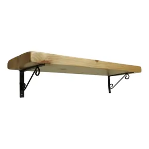 Solid Wood Handmade Rustical Shelf Primed 225mm 9 inch with Black Metal Bracket WOP Length of 110cm