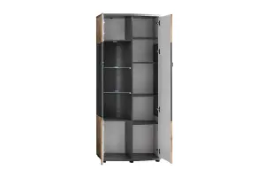 Dera 32 Tall Display Cabinet in Oak Artisan & Graphite Grey - W700mm H1710mm D380mm, Modern and Luxurious