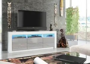 Shine TV Unit 160cm White & Grey with High Gloss Doors and LED Lighting - Creative Furniture