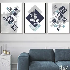 Set of 3 Graphical Abstract Floral Navy Blue Grey Wall Art Prints / 50x70cm / Black Frame