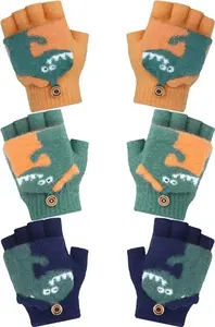 3 Pair Dinosaur Convertible Mittens Kids Knitted Warm Fingerless Gloves Toddler Cartoon Gloves With Mitten Cover For Boy Girl