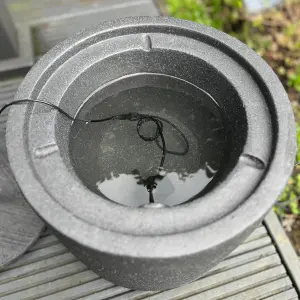 All Pond Solutions Round Water Feature with LED Lights - Plug Powered - Dark Grey 36x36x28cm