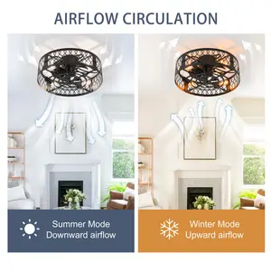 50cm Farmhouse Reversible Caged Ceiling Fan with Light Kit and Remote Black