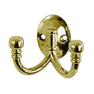 2 x Double Coat Hooks Polished Brass, Metal Ball End, Door Robe & Dress Hangers