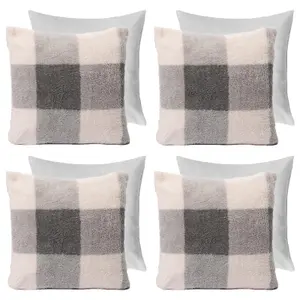 4 Pack Gingham Check Teddy Filled Fleece Soft Cushion Covers, Grey - 45 x 45cm