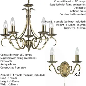 5 Lamp Ceiling & 2x Twin Wall Light Pack Antique Brass Vintage Matching Fittings