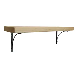 Solid Wood Handmade Rustical Shelf Unprimed 225mm 9 inch with Black Metal Bracket BOW Length of 160cm