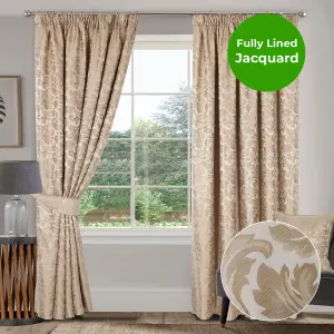 Home Curtains Buckingham Damask Fully Lined 65w x 54d" (165x137cm) Natural Pencil Pleat Curtains (PAIR)