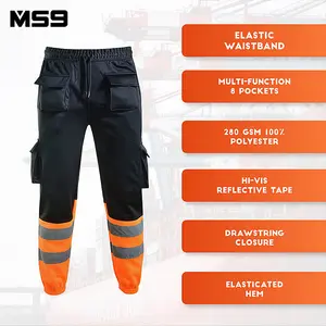 MS9 Mens Hi Viz Vis High Visibility Fleece Cargo Work Trousers Joggers Pants, Black and Orange - XL