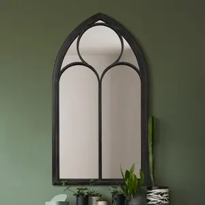 MirrorOutlet The Somerley Large Rustic Metal Chapel Arched Decorative Mirror Black 150CM X 81CM