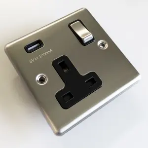 2 PACK - 1 Gang Single UK Plug Socket & 2.1A USB Satin Steel & Black Trim 13A Switched