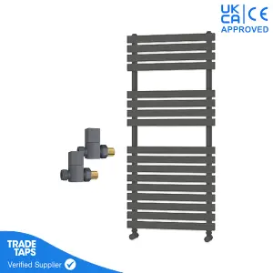 Designer Delta Anthracite Flat Panel Towel Radiator Heated Ladder Rail - 1106 x 500mm - Straight Manual Square Valve Pair