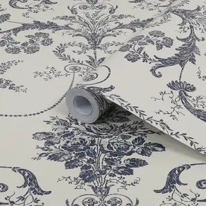 Laura Ashley Josette Midnight & off white Damask Smooth Wallpaper Sample