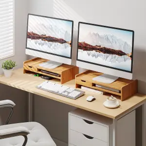 HOMCOM Monitor Riser Laptop PC Plinth Stand Desktop Organiser W/ Drawer Bamboo