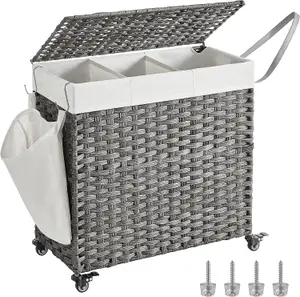 SONGMICS Laundry Hamper, 3-Compartment Rattan-Style Washing Basket, Handwoven, Removable Liner, Handles, Lid, Grey