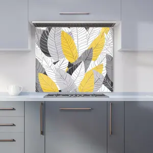 Yellow Grey Feather Leaves Premium Glass Kitchen Splashback W900mm x H650mm