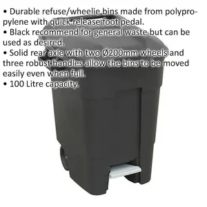 Durable 100 Litre Wheelie Bin with Foot Pedal and Easy-Move Wheels in Black