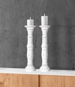 Rustic Antique Carved Wooden Pillar Church Candle Holder Antique White, Extra Large 45cm High