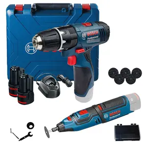 Bosch GSB 120-LI 12v Combi Hammer Drill 2 Speed 2x2ah + GRO 12v-35 Rotary Tool