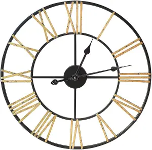 60cm Black & Gold Metal Roman Numerals Large Analog Wall Clock Indoor & Outdoor, Silent Non-Ticking