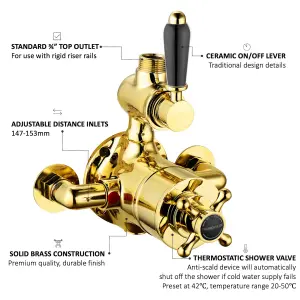 ENKI Downton English Gold Black Traditional Top Outlet Brass Thermostatic Twin Shower Valve 3/4"