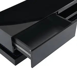 Step TV Stand With Storage for Living Room and Bedroom, 1800 Wide, LED Lighting, Media Storage, Black High Gloss Finish