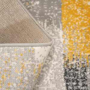 Yellow Ochre Grey Distressed Striped Block Living Room Rug 60x110cm