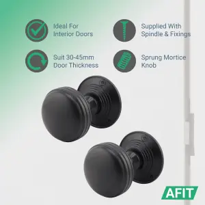 AFIT Lined Door Knob Set Matt Black - 1 Pair of Mortice Knobs 55mm, Latch & Deadbolt Kit 76mm, Hinges 76mm & Turn & Release