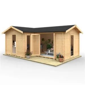 20ft x 16ft (5950mm x 4750mm) Horsforth "The Chester" 44mm L-Shaped Log Cabin With 3 Windows