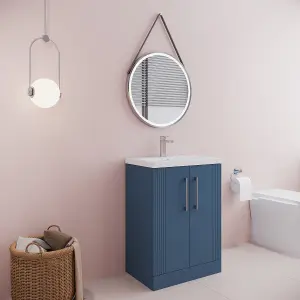 Retro 2 Door Floor Standing Vanity Unit with Mid-Edge 1 Tap Hole Ceramic Basin - 600mm - Satin Blue - Balterley