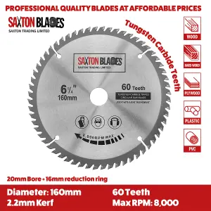 Saxton TCT Circular Saw Blade 160mm x 60 teeth x 20mm Bore & 16mm Ring