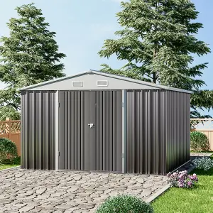 10 x 10 ft Grey Apex Metal Garden Storage Shed Outdoor Storage Shed with Lockable Double Door