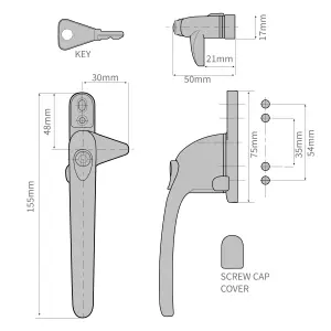 Universal Cockspur Window Handle Kit - Left, Satin Silver/White