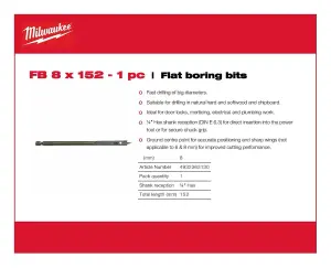 Milwaukee - Flat Boring Drill Bit 8mm x 152mm -1 Piece