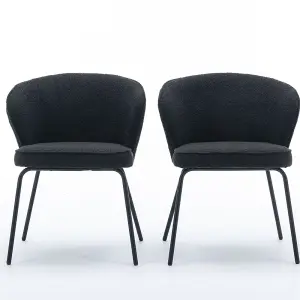 2 Pack, 018 Boucle Fabric Wing Back Armchair Accent Chair Dining Chair with Black Powder Coating Metal Leg, Black 