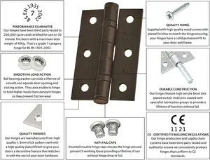 EAI - 3" Internal Door Hinges & Screws G7 FD30  - 76x50x2mm Square - Dark Bronze - Pack 4 Pairs