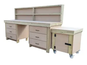 Wooden MDF top workbench with drawers and functional lockable cupboard (V.5) (H-90cm, D-70cm, L-210cm) with back