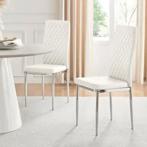 Set of 6 Milan White High Back Soft Touch Diamond Pattern Faux Leather Chromed Metal Leg Dining Chairs