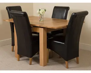 Richmond 90cm - 150cm Square Oak Extending Dining Table and 4 Chairs Dining Set with Montana Black Leather Chairs