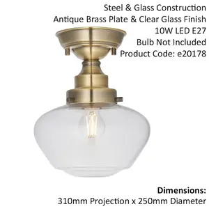 Antique Brass Semi Flush Ceiling Light Fitting & Clear Glass Shade Low Profile