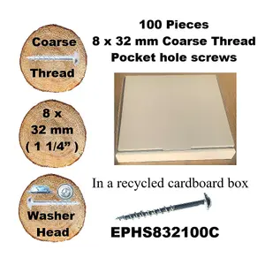 Pocket Hole Screws for Softwoods, 32mm Long, Pack of 100, Coarse Self-Cutting Threaded Square Drive, EPHS832100C, EPH Woodworking