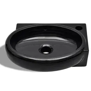 Ceramic Bathroom Sink Basin Faucet/Overflow Hole Black Round