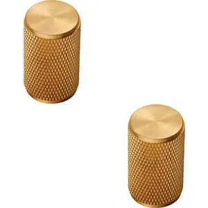 2x Knurled Cylindrical Cupboard Door Knob 18mm Dia Satin Brass Cabinet Handle