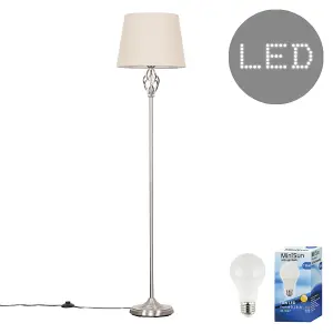 ValueLights Memphis Satin Nickel Barley Twist Floor Lamp with Beige Tapered Light Shade - with LED GLS Bulb in Warm White