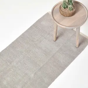 Homescapes Light Grey 100% Cotton Plain Chenille Rug with Natural Trim, 66 x 200 cm