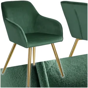 Chair Marilyn - with armrests, padded, velvet look, golden steel legs - dark green/gold